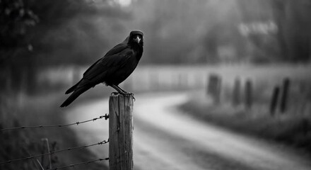 A solitary crow perched on a post, observing a dead bird on a rural road, black and white - Powered by Adobe