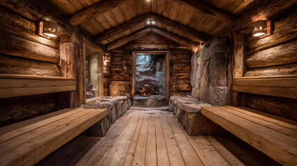Obraz premium Traditional sauna cabin with wood interior, stone heater, and benches