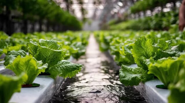 Medium shot capturing a commercial aquaponics farm with rows of fish tanks and plants under controlled greenhouse conditions
