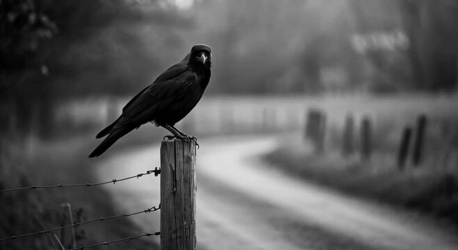 A solitary crow perched on a post, observing a dead bird on a rural road, black and white