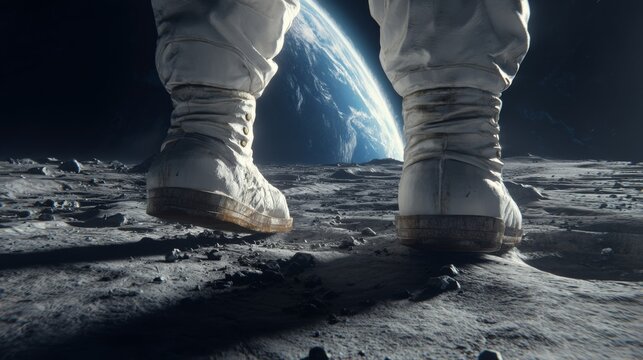 Low angle view, astronaut legs and boots on lunar surface, Earth in far distance, Lunar exploration