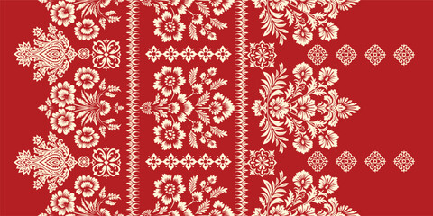 floral pattern vintage ethnic modern embroidery texture boho design vector illustration hand drawn pink flower motif branches leaves wallpaper seamless background border.	