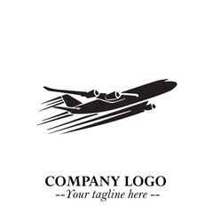 Plane Flying Fast Logo Symbol in Black on the White Background with Dynamic Aviation Design