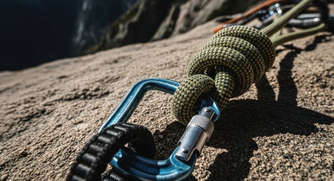 Close up of climbing rope and carabiner secured on rough rock surface.