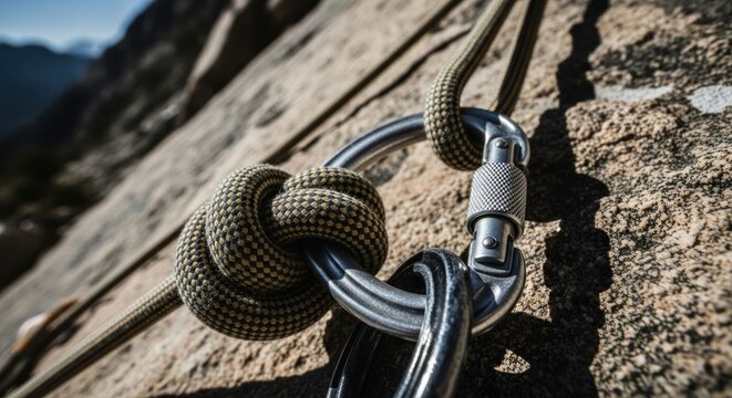 Close up of climbing rope and carabiner secured to rough rock surface.