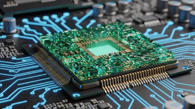 Abstract illustration of a cpu with electronic circuits and flowing digital data for technology concepts