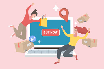 Two happy women celebrate a successful online purchase on a giant laptop with a buy now button. Shopping bags and shipping boxes symbolize a complete e-commerce customer experience.