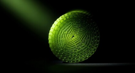 Abstract Macro Photography Of Botanical Spiral Form Illuminated In Darkness With Green Tones