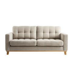 Fototapeta premium A stylish two-seater sofa upholstered in a light patterned fabric with a tufted back and seat cushions resting on a wooden base with angled legs all set against a solid black background