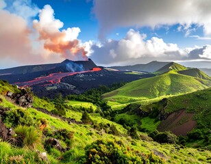 Volcanic eruption over lush green landscape with fluffy clouds