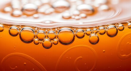 Abstract Macro Photography of Bubbles in a Golden Brown Liquid Composition
