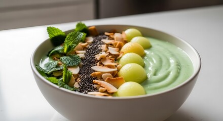 A Refreshing Green Smoothie Bowl Featuring Fruits, Seeds, and Refreshing Mint Leaves