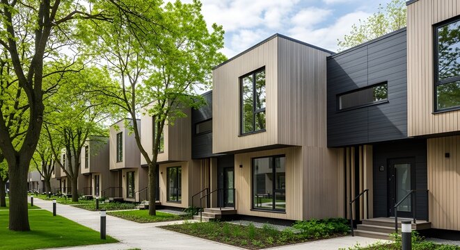 Luxury modern architecture townhouses in a newly developed suburban residential neighborhood