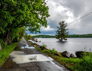 Waterside paved path beside flooded shoreline with a lone tree