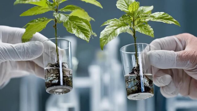 Closeup of scientists examining climateresistant hybrid saplings in a lab highlighting controlled growth for environmental adaptation.