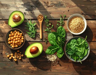 Overhead View of Healthy Food Ingredients on Rustic Wooden Table