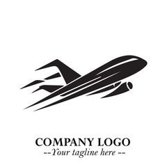 Plane Flying Fast Logo Symbol in Black on the White Background with Dynamic Aviation Design