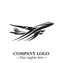 Plane Flying Fast Logo Symbol in Black on the White Background with Dynamic Aviation Design