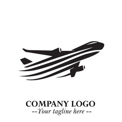Plane Flying Fast Logo Symbol in Black on the White Background with Dynamic Aviation Design