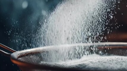 Closeup medium shot of selfrising flour flowing through a sieve emphasizing even distribution of leavening agents for soft airy cakes.