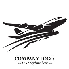 Plane Flying Fast Logo Symbol in Black on the White Background with Dynamic Aviation Design