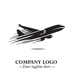Plane Flying Fast Logo Symbol in Black on the White Background with Dynamic Aviation Design