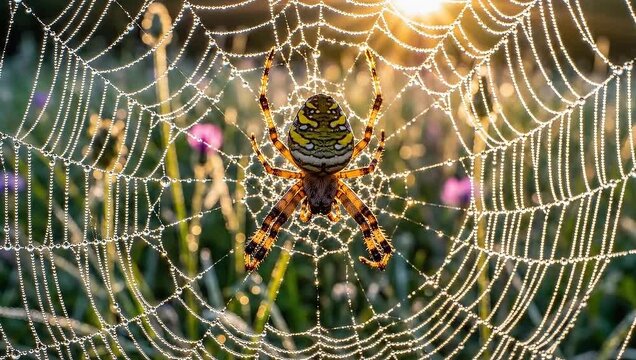 Spider on Dew Covered Web in Golden Morning Sunlight