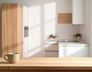 Rustic Kitchen Scene with Coffee Cup on Wooden Table, Soft Focus Background
