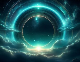 ethereal celestial portal detailed cosmic event with teal nebulae and glowing galactic ring system above dark clouds