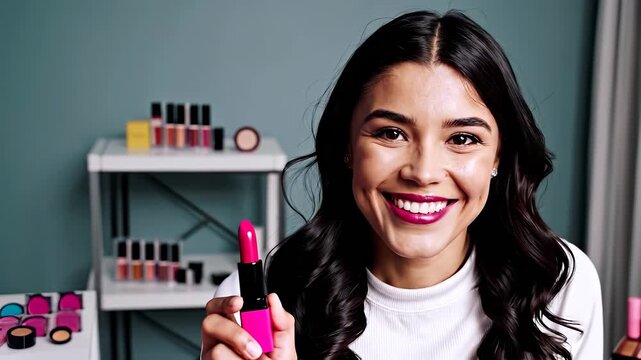 A woman holds a bright pink lipstick while sitting in a well-lit beauty space, surrounded by various makeup products. The lipstick and makeup products reflect her passion for beaut - Powered by Adobe