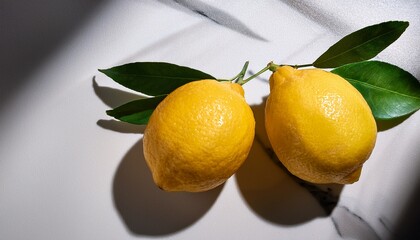 two fresh lemons with green leaves on a marble surface with shadow overlay