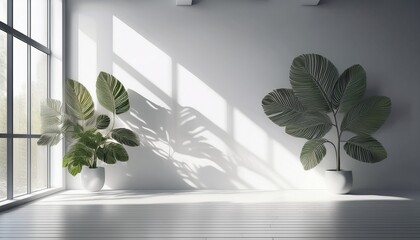 minimalist interior with leaves and geometric windows shadows on a white wall