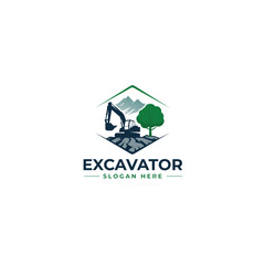 Excavator Construction Logo with Mountain and Tree