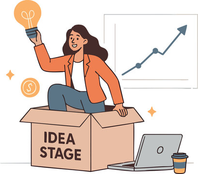 A businesswoman launching a startup from a cardboard box as a metaphor for bootstrap beginnings