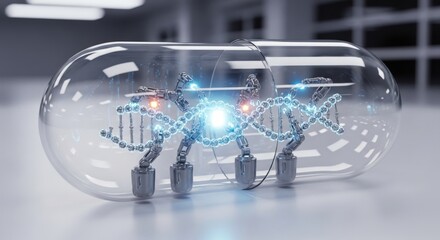 Futuristic capsule containing a glowing DNA helix and microscopic robotic arms, symbolizing advanced medical technology and gene editing.