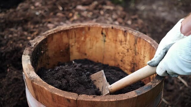 Medium shot capturing the process of mixing infused biochar with compost showcasing an innovative soil amendment method for healthier plant growth