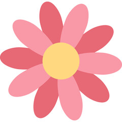Flat cartoon style pink and red daisy flower with yellow center and transparent background perfect for spring and summer designs