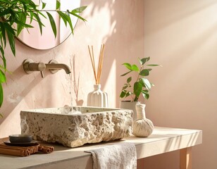 Serene Bathroom Scene: Stone Sink, Flowing Water, Plants, and Soft Lighting