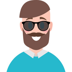 Flat Design Cartoon Man With Brown Hair Beard Sunglasses and Blue Shirt Isolated on White Background