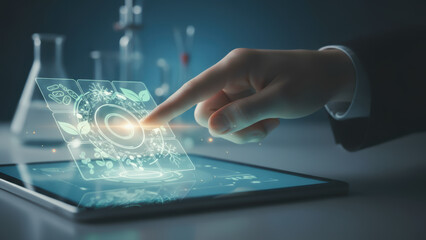 Digital tablet with futuristic holographic interface and hand pointing on screen for longevity research in science and technology