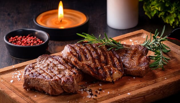 closeup of delicious grilled steack meat pieces on wooden board with herbs candle and table in background