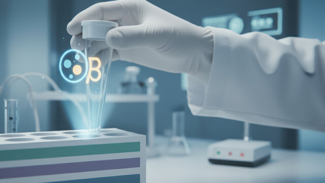 Beta cell research in laboratory with gloved hand holding test tube for longevity study in medical science