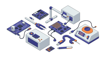Obraz premium Isometric electronic components and tools for circuit design and prototyping