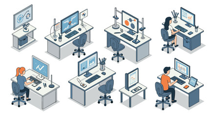 Obraz premium Modern office setup with technology and teamwork in isometric style