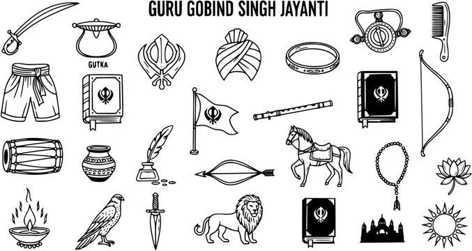 Guru Gobind Singh Jayanti Line Art Icon Set: Sikh Festival Celebration Vector Graphics