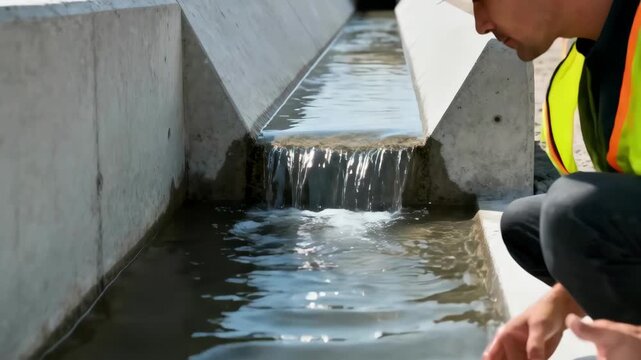 Medium shot focused on worker inspection of newly installed concrete channels guiding overflow water effectively