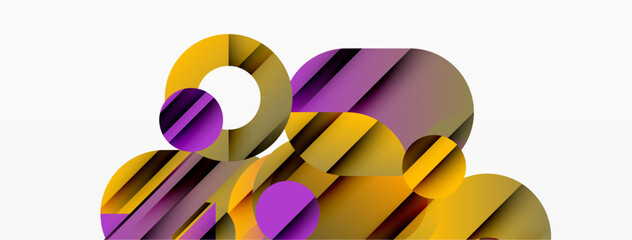 Abstract geometric composition. Overlapping circles, rectangles create dynamic visual effect. Purple, gold hues dominate design. Minimalist style.