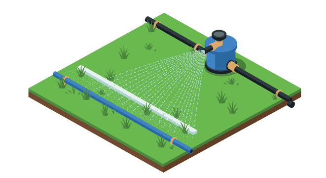 Isometric lawn sprinkler system on grass field with water spray