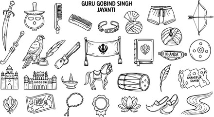 Guru Gobind Singh Jayanti festival symbols collection. Hand-drawn vector set of Sikhism elements, including weapons, Kakkars, Gurdwaras, and religious objects.