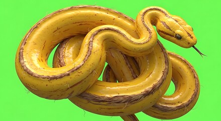 Fototapeta premium Coiled golden snake curled in perfect loops on vivid green surface stylized reptile study
